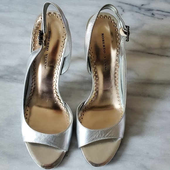 Roberto Vianni Silver Leather Open-Toe Slingback - Picture 3 of 10